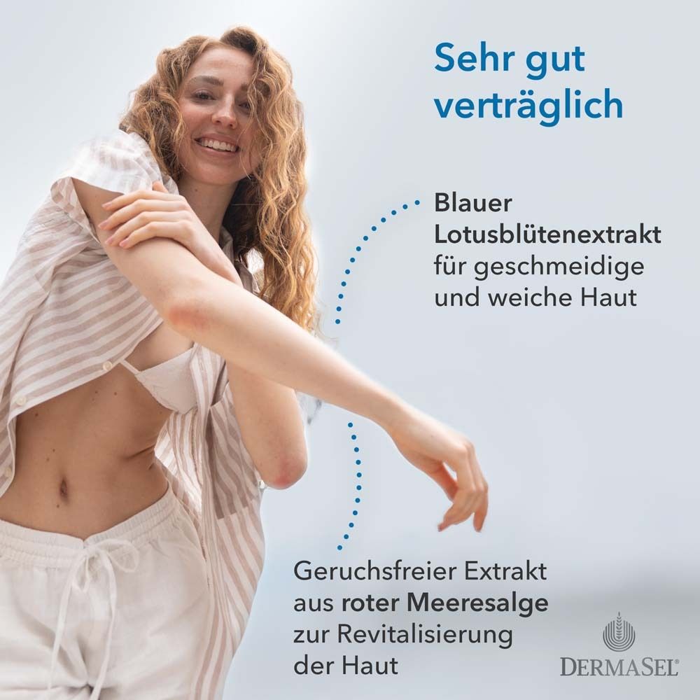 Frau mit Arm. Text: Sehr gut verträglich. Blauer Lotusblütenextrakt für geschmeidige Haut. Geruchsfreier Extrakt.