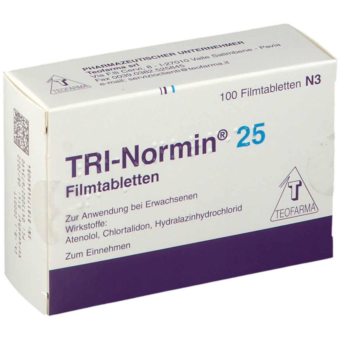 Weiße Schachtel mit blauer Aufschrift TRI-Normin 25 Filmtabl. Enthält 100 Tabletten. Teofarma Logo.