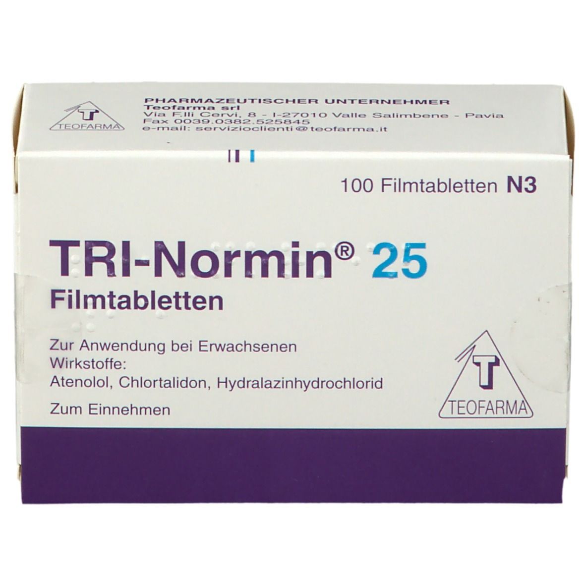 Weiße Schachtel mit blauer Aufschrift TRI-Normin 25 Filmtabl. Enthält 100 Tabletten. Teofarma Logo.