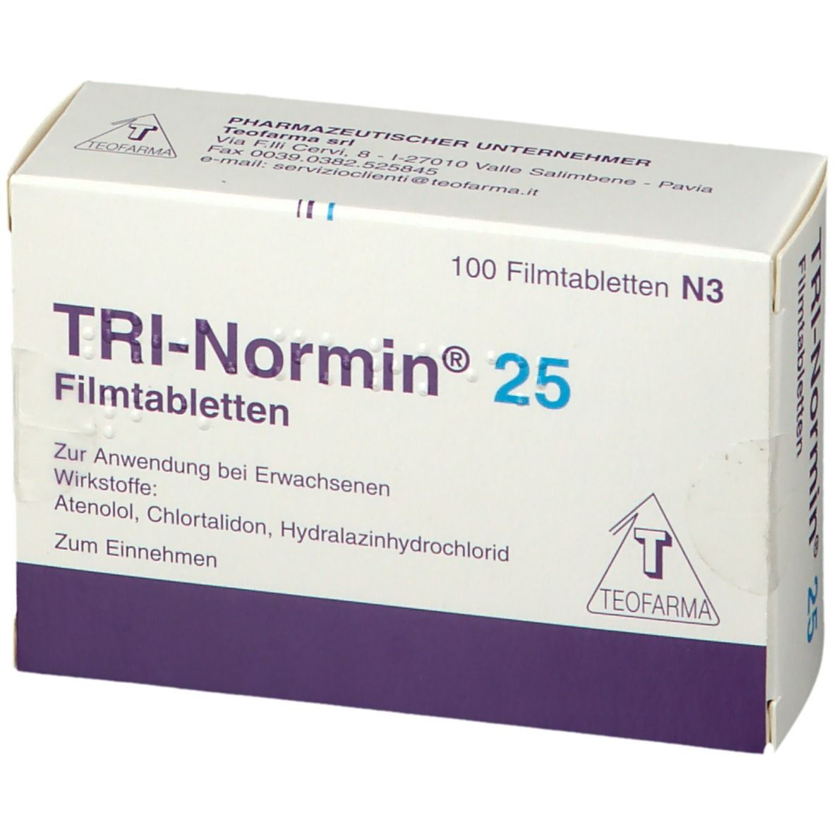 Weiße Schachtel mit blauer Aufschrift TRI-Normin 25 Filmtabl. Enthält 100 Tabletten. Teofarma Logo.