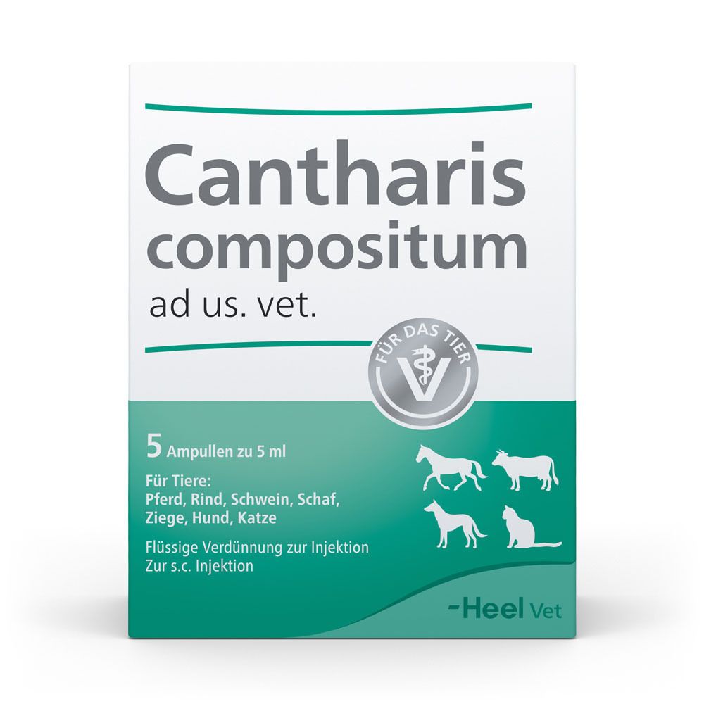 Verpackung von Cantharis compositum ad us. vet. mit Logo, Text und Tierabbildungen. Enthält 5 Ampullen. Heel Vet.