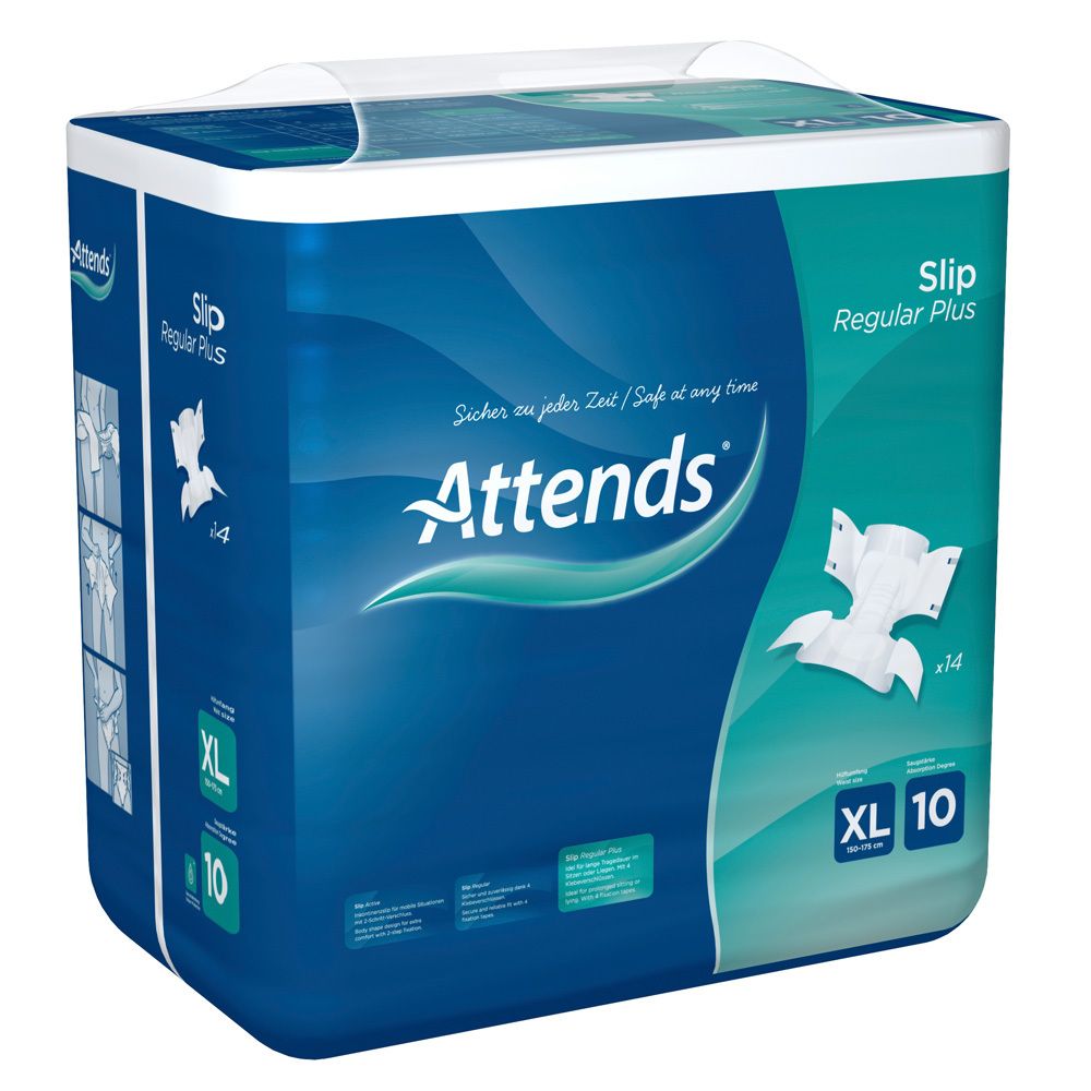 Attends Slip Regular Plus XL 10. Verpackung mit Inkontinenzprodukten. Aufschrift: Attends, Slip, Regular Plus, XL 10.