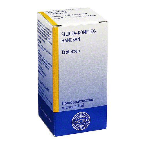 Weiß-blaue Schachtel mit Aufschrift Silicea-Komplex-Hanosan Tabletten. Homöopathisches Arzneimittel. Hanosan-Logo.