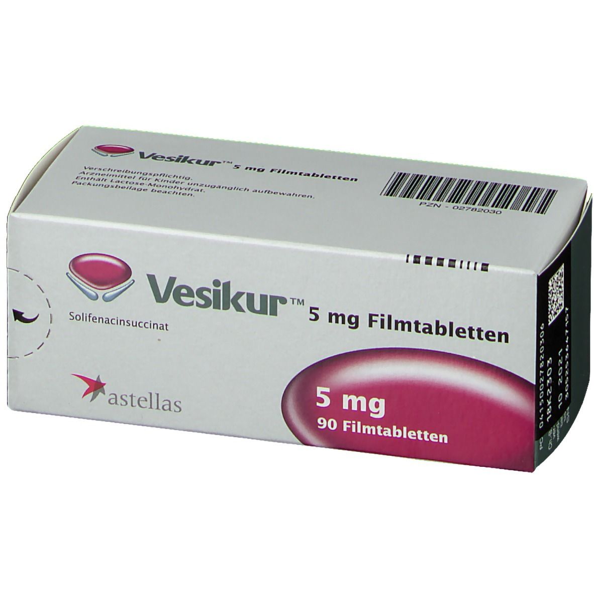 Vesikur 5 mg Filmtabletten-Packung. Weiße Schachtel mit rotem Akzent. Aufdruck: Vesikur, 5 mg, 90 Filmtabletten. Astellas-Logo. Barcode und Chargennummer.