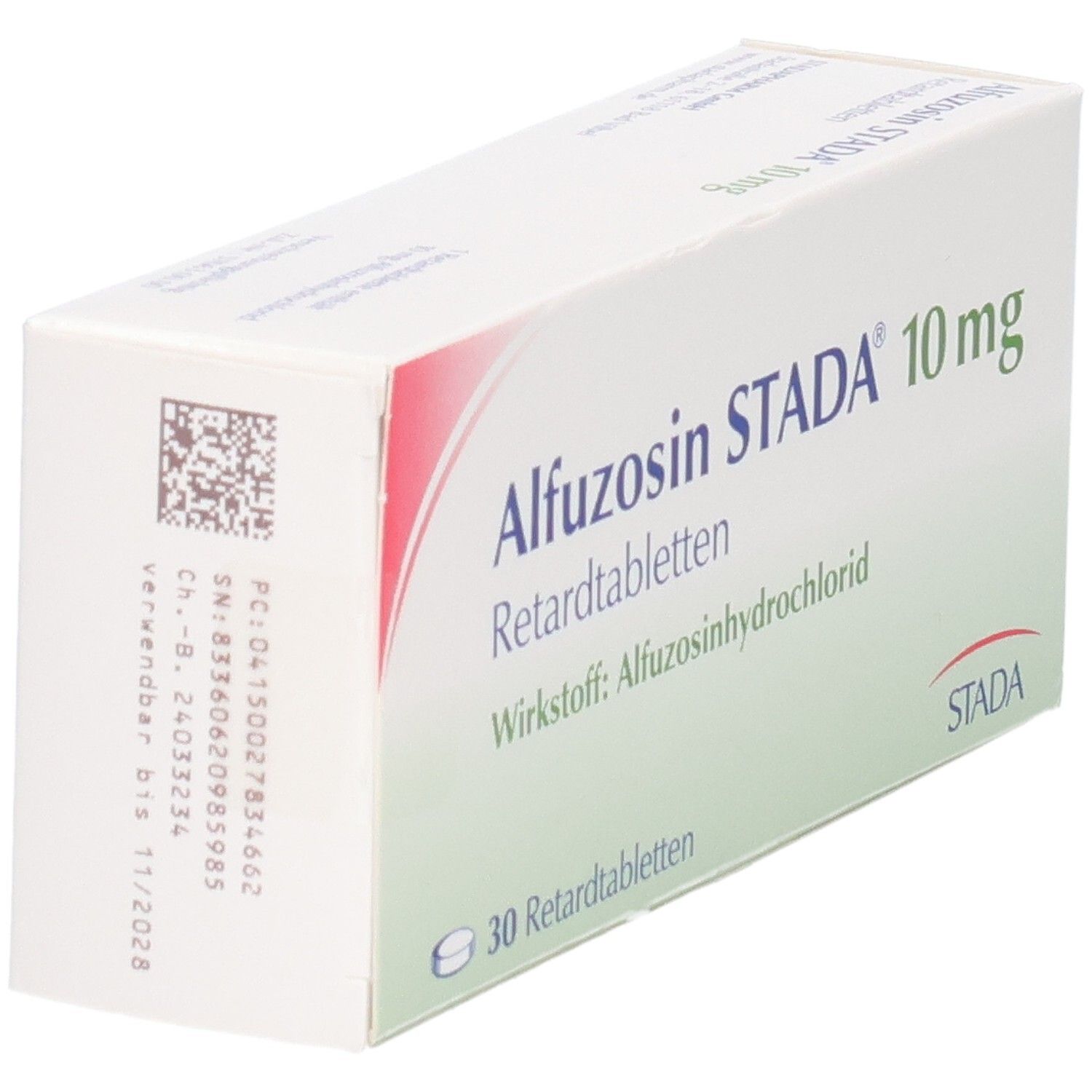 Rückseite der Verpackung Alfuzosin STADA 10 mg Retardtabletten mit Chargennummer und Verfallsdatum.