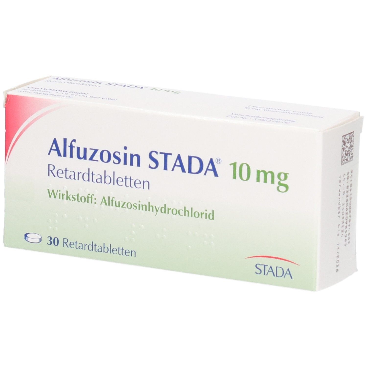 Verpackung Alfuzosin STADA 10 mg Retardtabletten, 30 Stück, von vorne.
