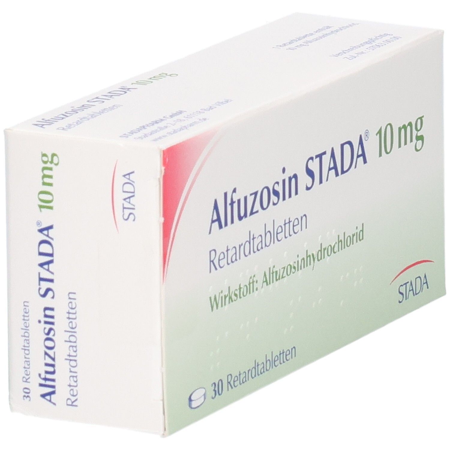 Seitenansicht der Verpackung Alfuzosin STADA 10 mg Retardtabletten.
