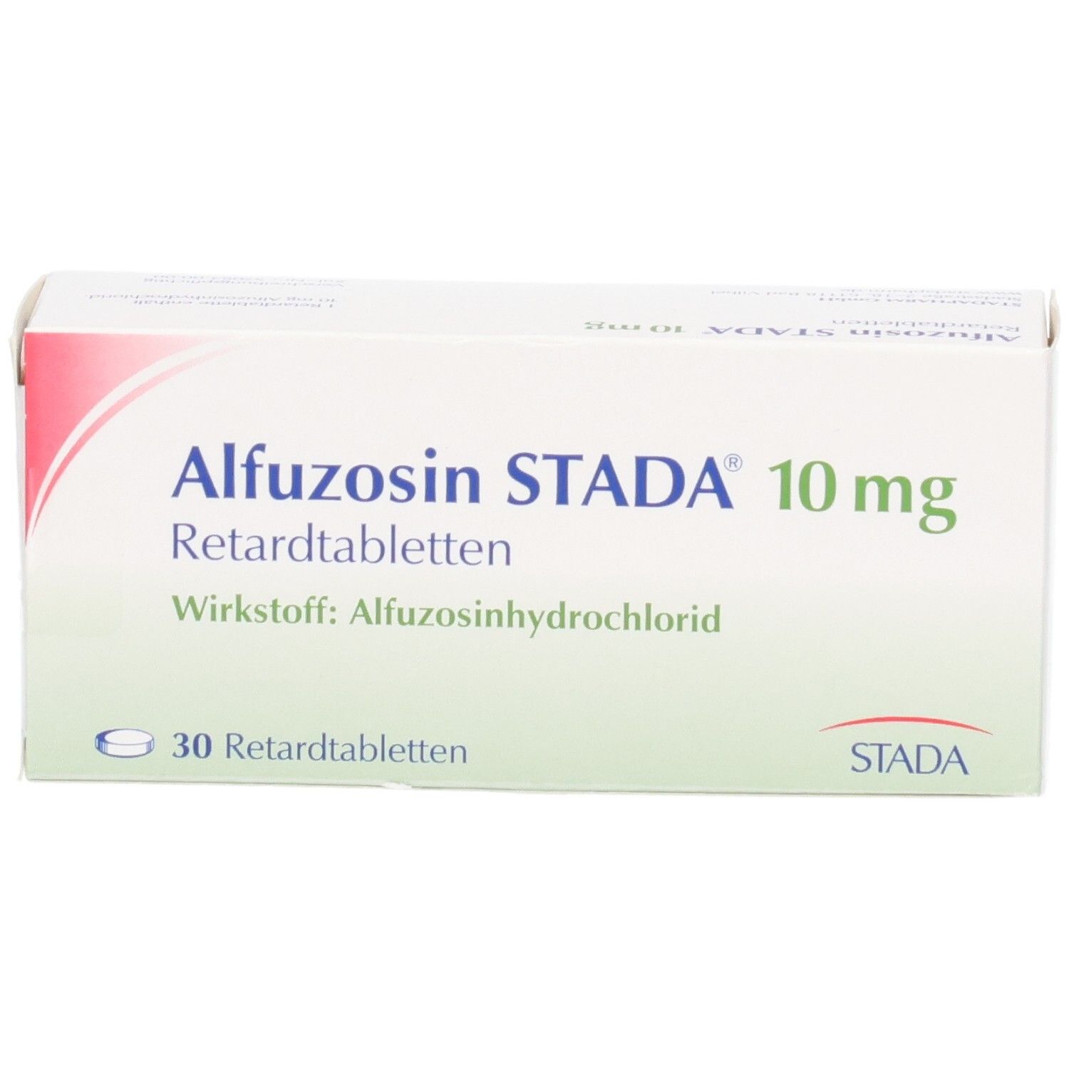 Verpackung Alfuzosin STADA 10 mg Retardtabletten, 30 Stück, schräg von vorne.