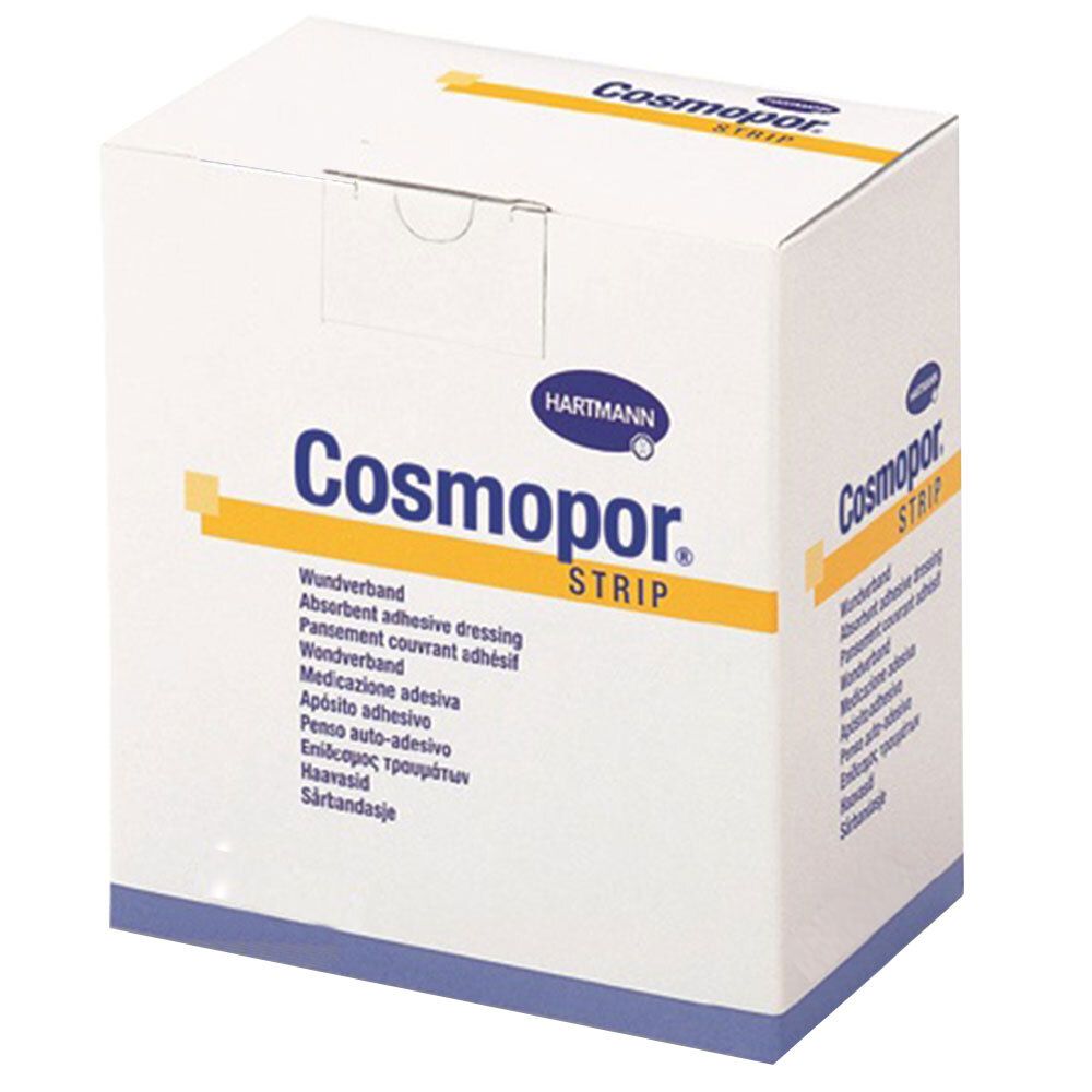 Karton mit "Cosmopor Strip"-Verband. Aufschrift: Wundverband, 6 cm x 1 m. Marke: Hartmann.