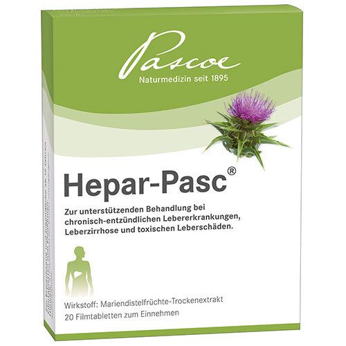 Schachtel mit Hepar-Pasc® Filmtabletten. Grün-weiße Verpackung mit Produktnamen, Logo und Abbildung einer Distelblüte.