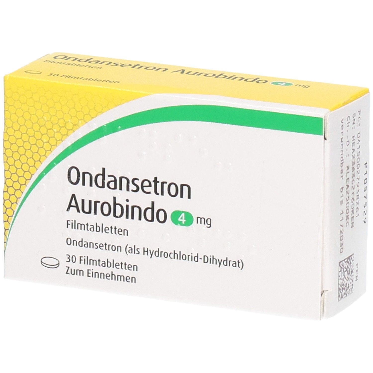 Packung Ondan setron Aurobindo 4 mg Filmtabletten, 30 Stück.