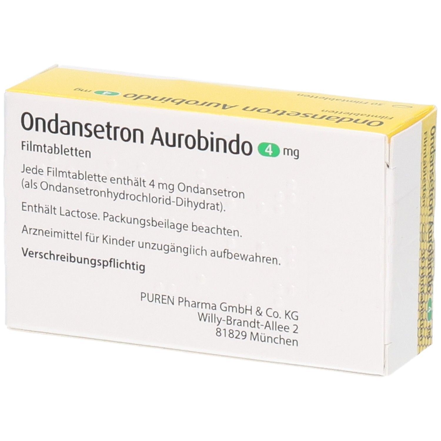 Rückseite der Packung Ondan setron Aurobindo 4 mg Filmtabletten.