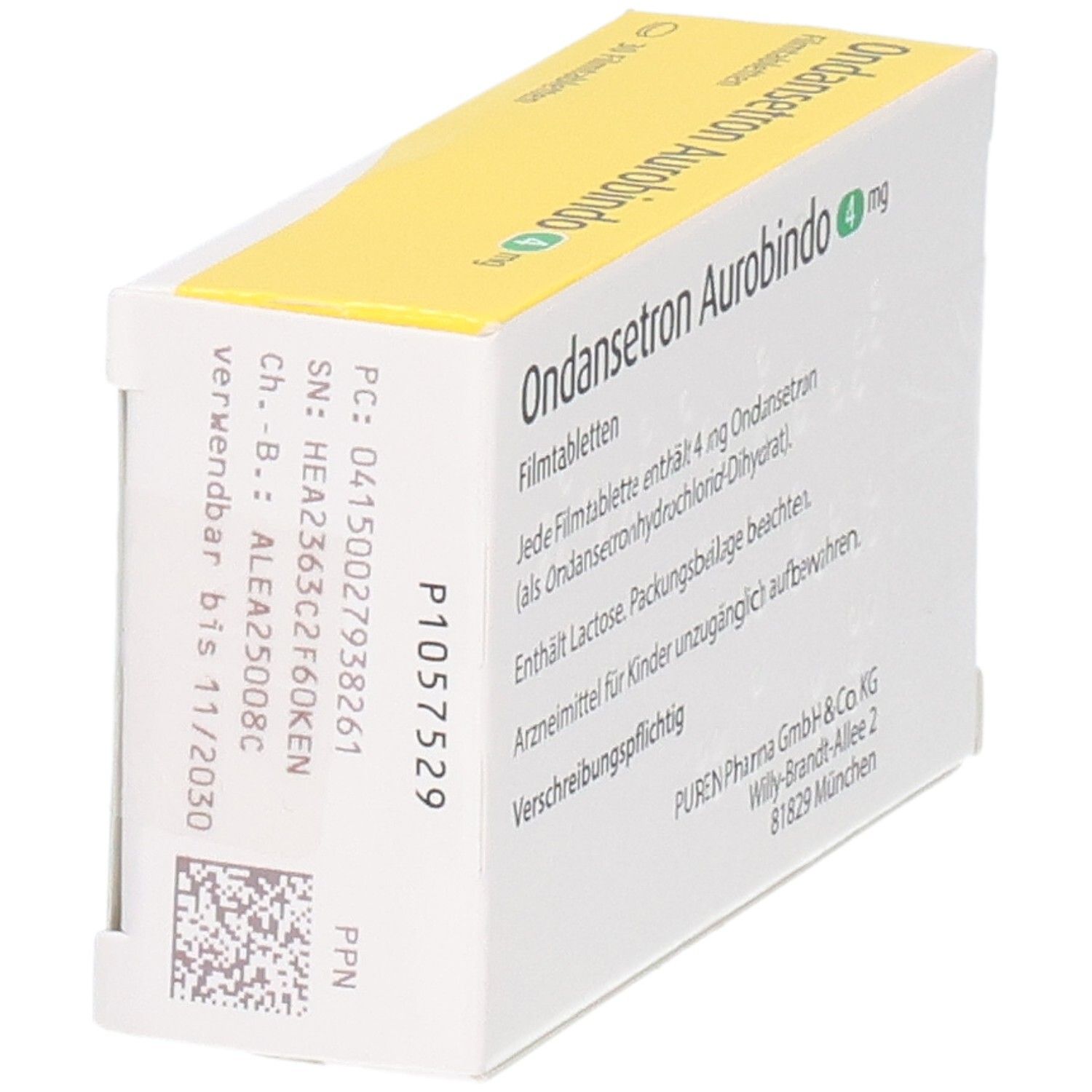 Seitenansicht der Packung Ondan setron Aurobindo 4 mg Filmtabletten mit Chargennummer.