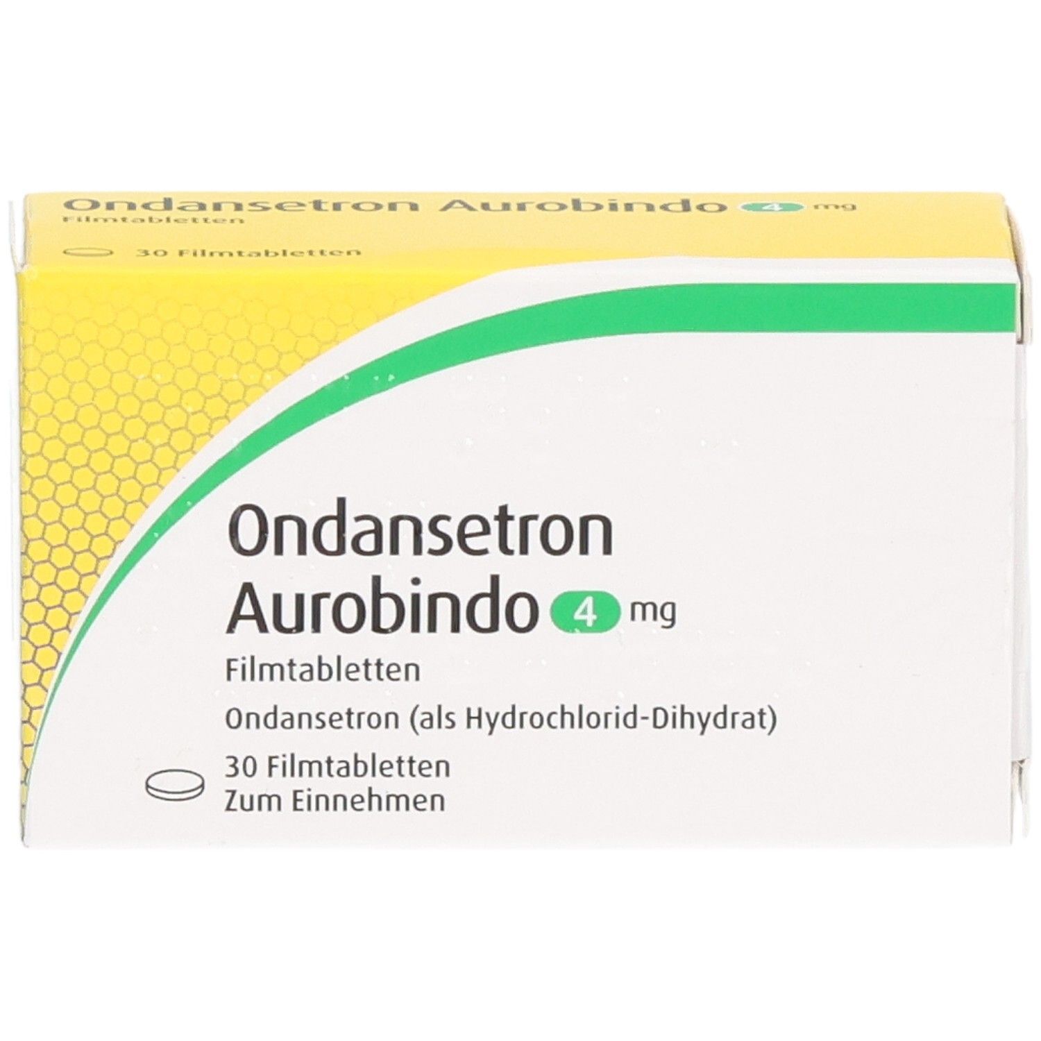 Vorderseite der Packung Ondan setron Aurobindo 4 mg Filmtabletten, 30 Stück.