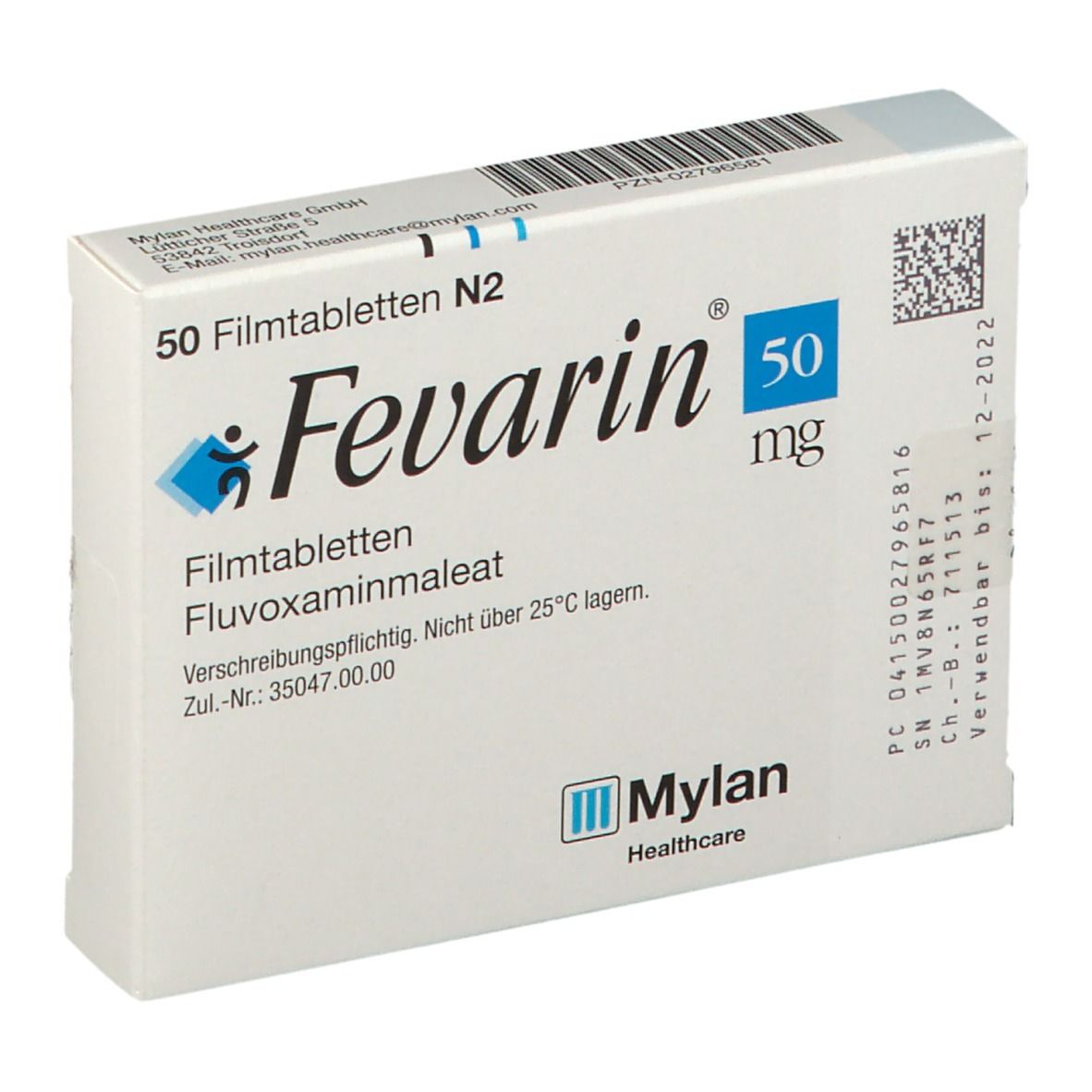 Schachtel mit Fevarin 50 mg Filmtabletten. Aufschrift: 50 Filmtabletten N2, Fluvoxaminmaleat. Mylan Healthcare Logo. Verfallsdatum 12-2022.