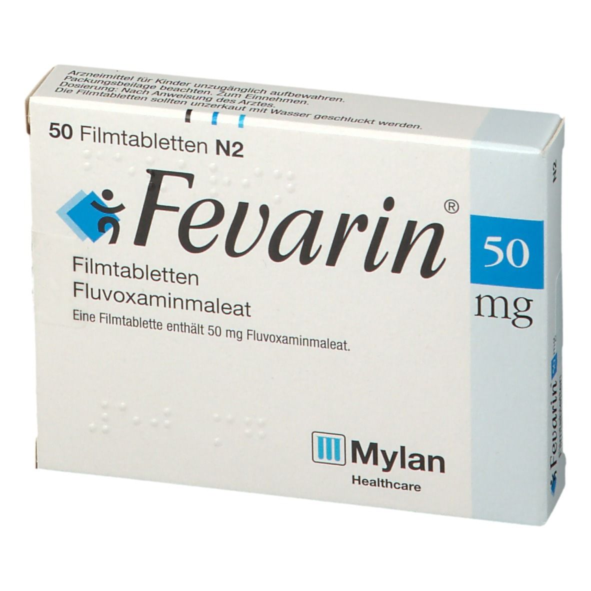 Schachtel mit Fevarin 50 mg Filmtabletten. Aufschrift: 50 Filmtabletten N2, Fluvoxaminmaleat. Mylan Healthcare Logo.