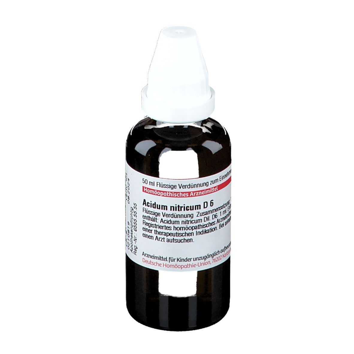 Braune Glasflasche mit weißem Verschluss. Etikett mit Produktnamen und Informationen. Flüssige Verdünnung zum Einnehmen.