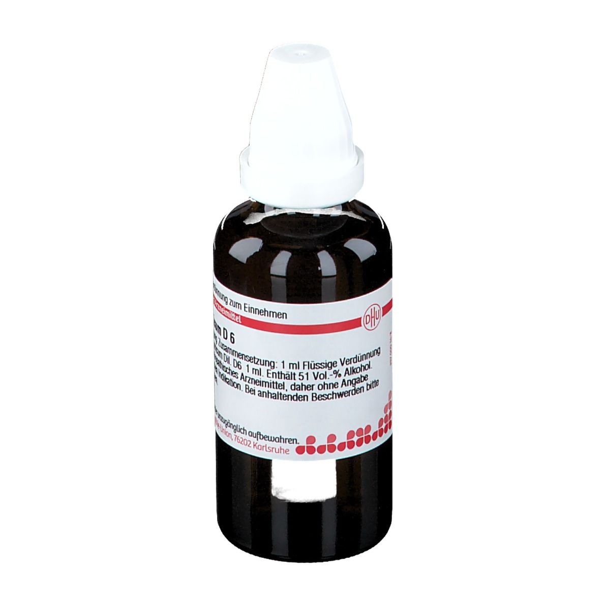 Braune Glasflasche mit weißem Verschluss. Etikett mit Produktnamen und Informationen. Flüssige Verdünnung zum Einnehmen.