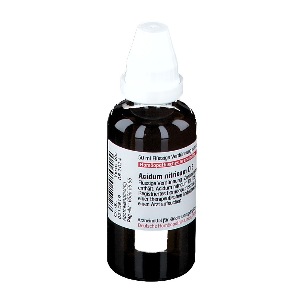 Braune Glasflasche mit weißem Verschluss. Etikett mit Produktnamen und Informationen. Flüssige Verdünnung zum Einnehmen.