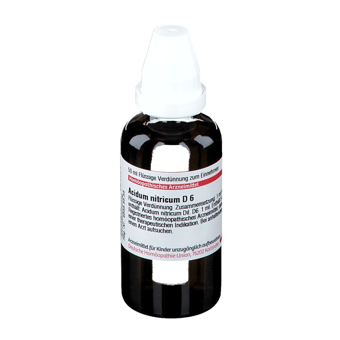 Braune Glasflasche mit weißem Verschluss. Etikett mit Produktnamen und Informationen. Flüssige Verdünnung zum Einnehmen.
