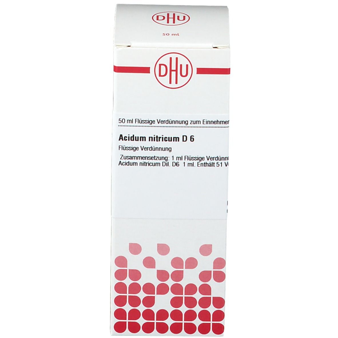 Karton mit Produktnamen und Informationen. Flüssige Verdünnung. DHU Logo. Weiß und rot.