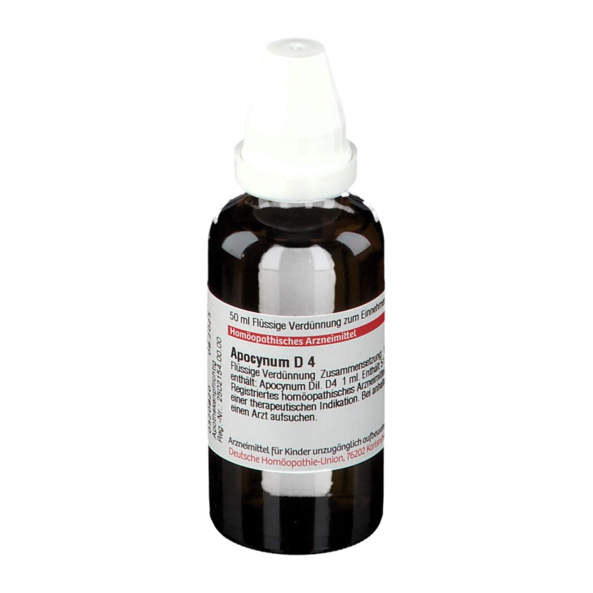 Braune Glasflasche mit weißem Verschluss. Etikett mit Produktinformationen. DHU Apocynum D4, 50 ml.