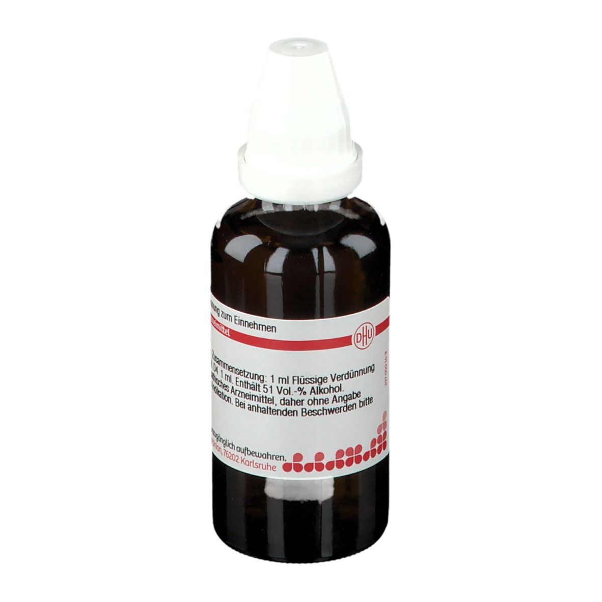 Braune Glasflasche mit weißem Verschluss. Etikett mit Produktinformationen. DHU Apocynum D4, 50 ml.