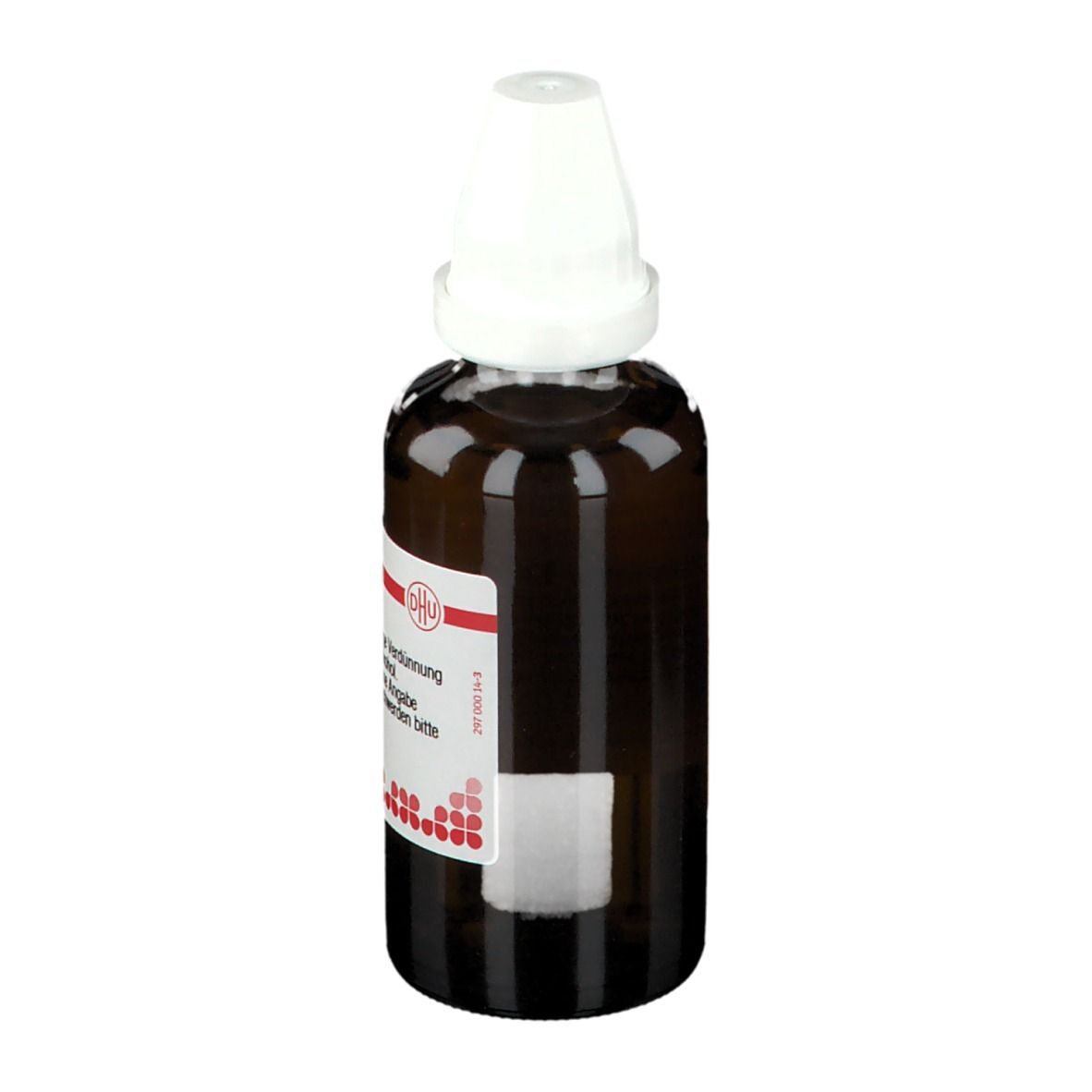 Braune Glasflasche mit weißem Verschluss. Etikett mit Produktinformationen. DHU Apocynum D4, 50 ml.