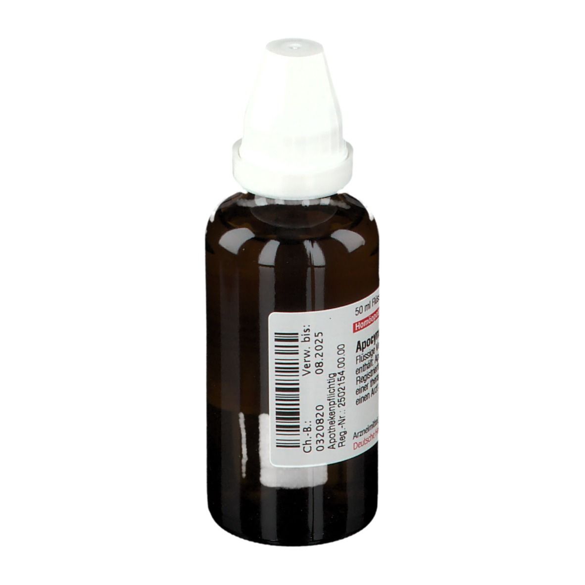 Braune Glasflasche mit weißem Verschluss. Etikett mit Produktinformationen. DHU Apocynum D4, 50 ml.