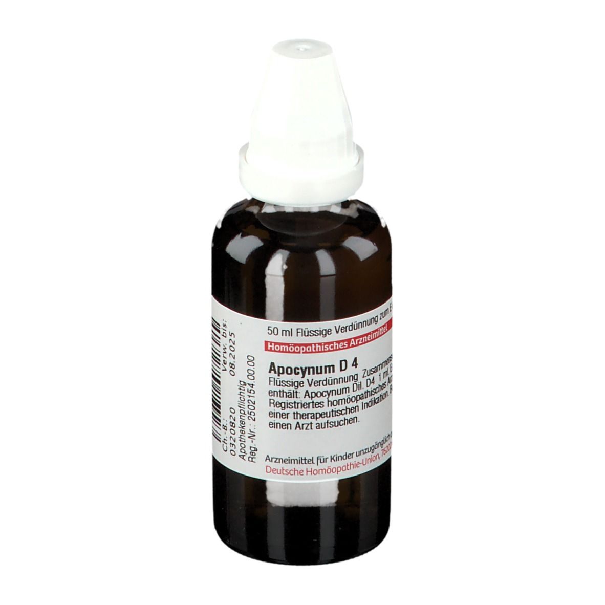 Braune Glasflasche mit weißem Verschluss. Etikett mit Produktinformationen. DHU Apocynum D4, 50 ml.