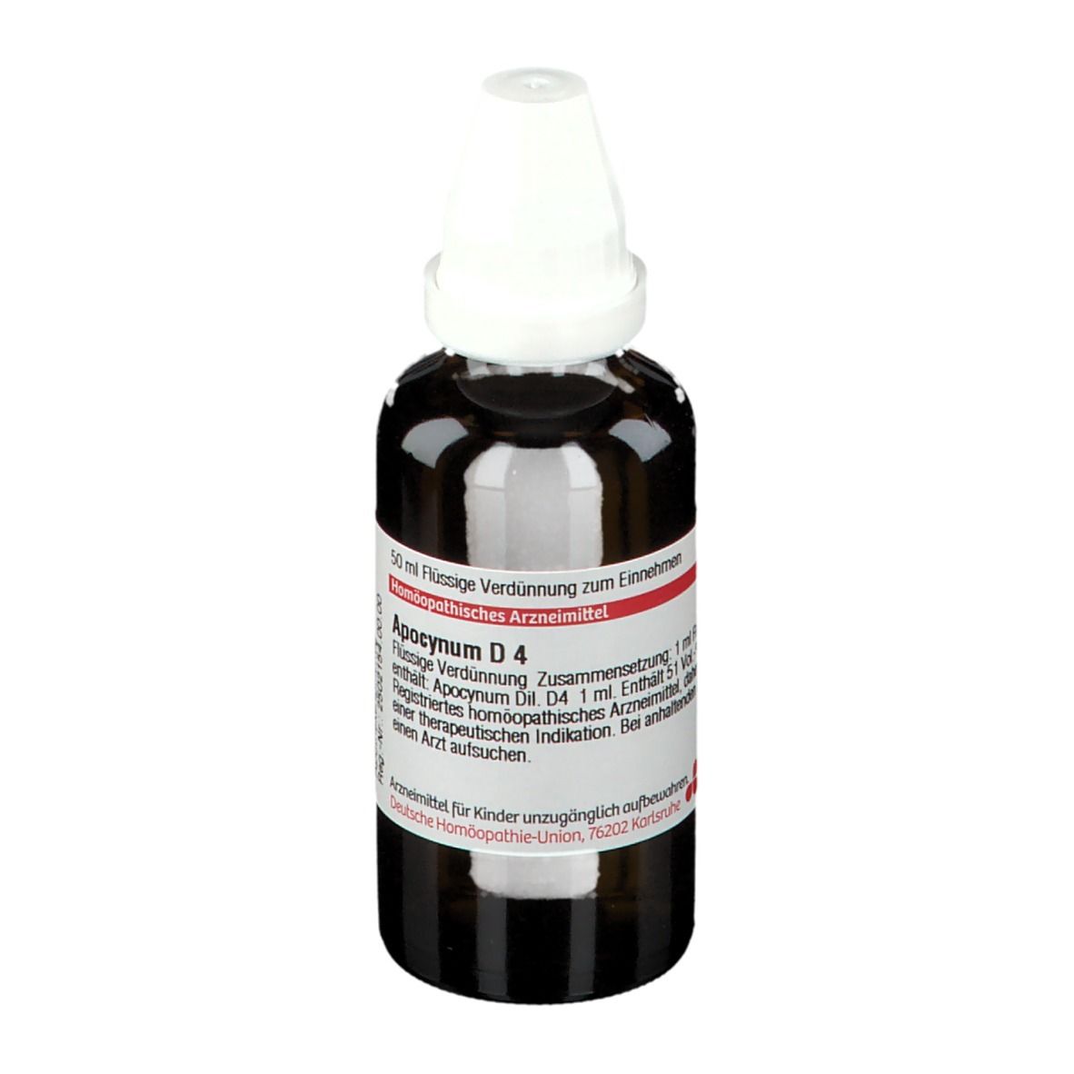 Braune Glasflasche mit weißem Verschluss. Etikett mit Produktinformationen. DHU Apocynum D4, 50 ml.