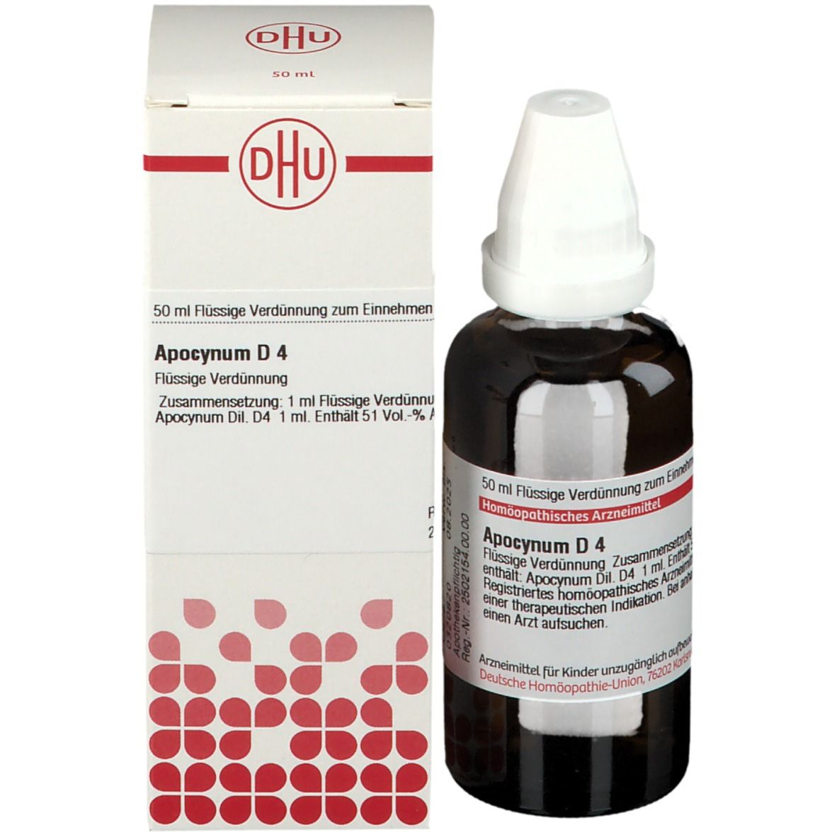 Braune Glasflasche mit weißem Verschluss und Karton. Karton mit Produktinformationen. DHU Apocynum D4, 50 ml.