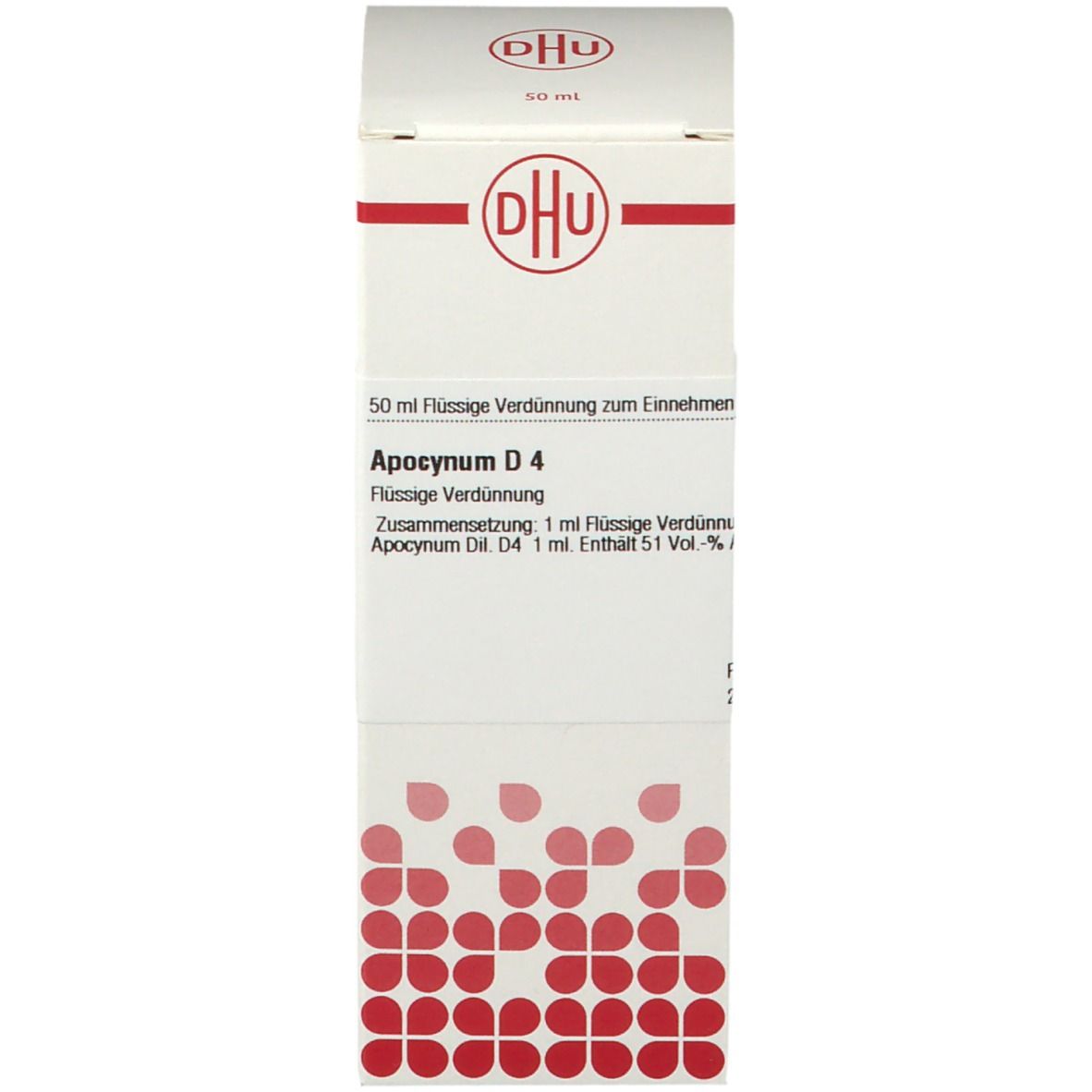 Karton mit Produktinformationen. DHU Logo und Produktname. Rote und weiße Farbgebung. DHU Apocynum D4, 50 ml.