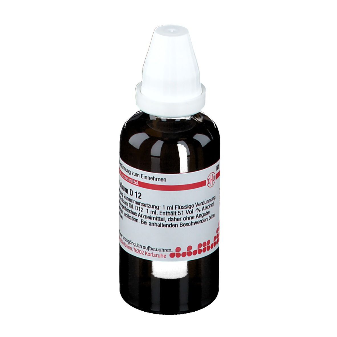 Braune Glasflasche mit weißem Verschluss. Etikett mit Text: Arsenicum album D12, 50 ml Flüssige Verdünnung.