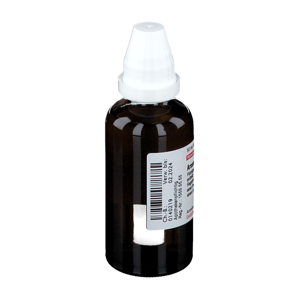 Braune Glasflasche mit weißem Verschluss. Etikett mit Text und Verfallsdatum. Apotheken-Nr. 1555 55 55.