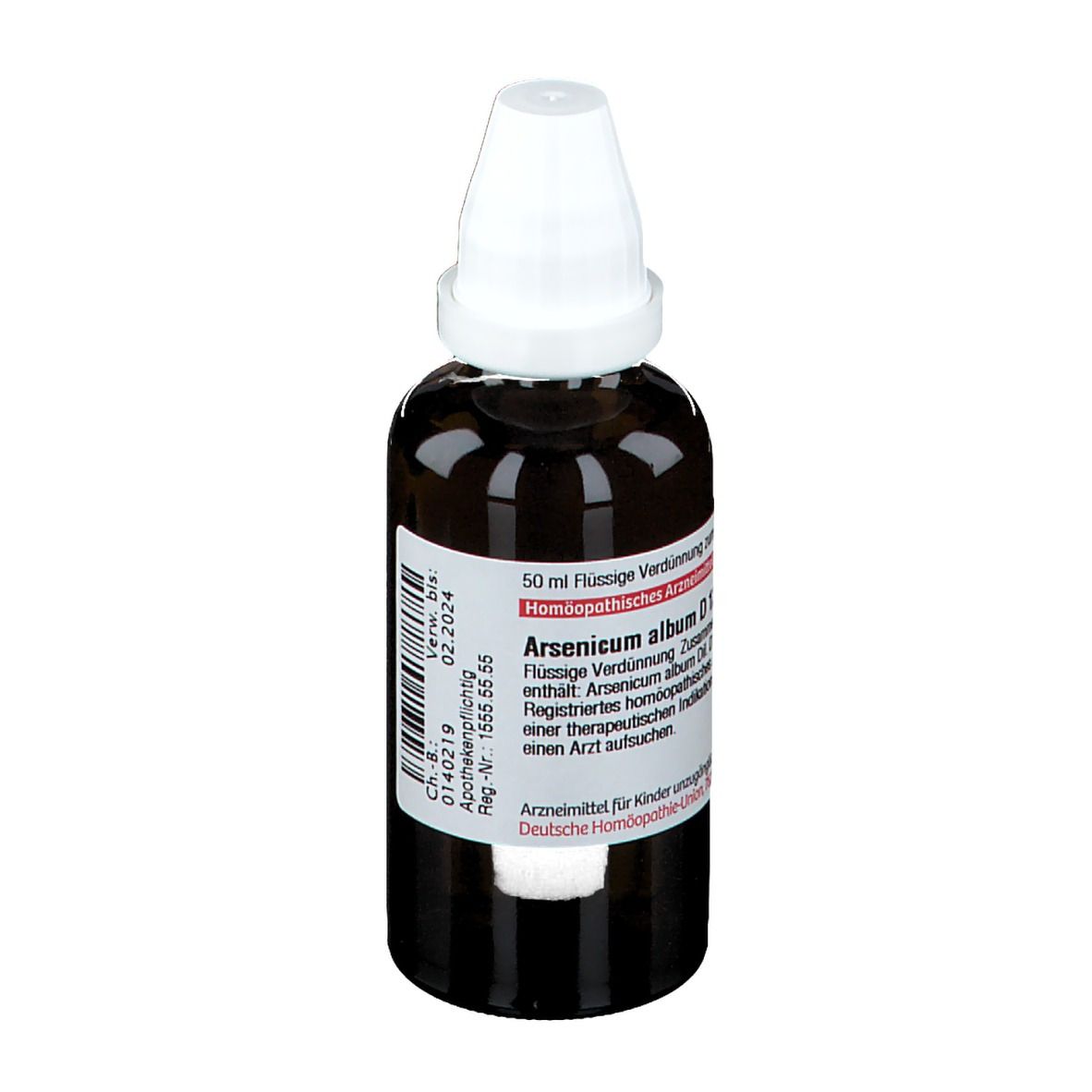 Braune Glasflasche mit weißem Verschluss. Etikett mit Text: Arsenicum album D12, 50 ml Flüssige Verdünnung.