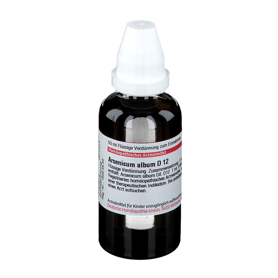Braune Glasflasche mit weißem Verschluss. Etikett mit Text: Arsenicum album D12, 50 ml Flüssige Verdünnung.