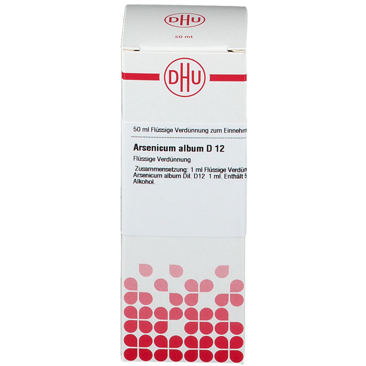 Produktverpackung mit Flasche und Karton. Auf dem Karton steht DHU und Arsenicum album D12.