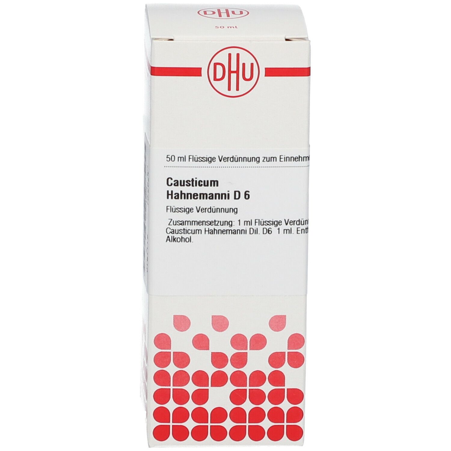 Weiße Schachtel mit brauner Glasflasche. Auf der Schachtel: Causticum Hahnemanni D6. DHU Logo. 50 ml. Text.