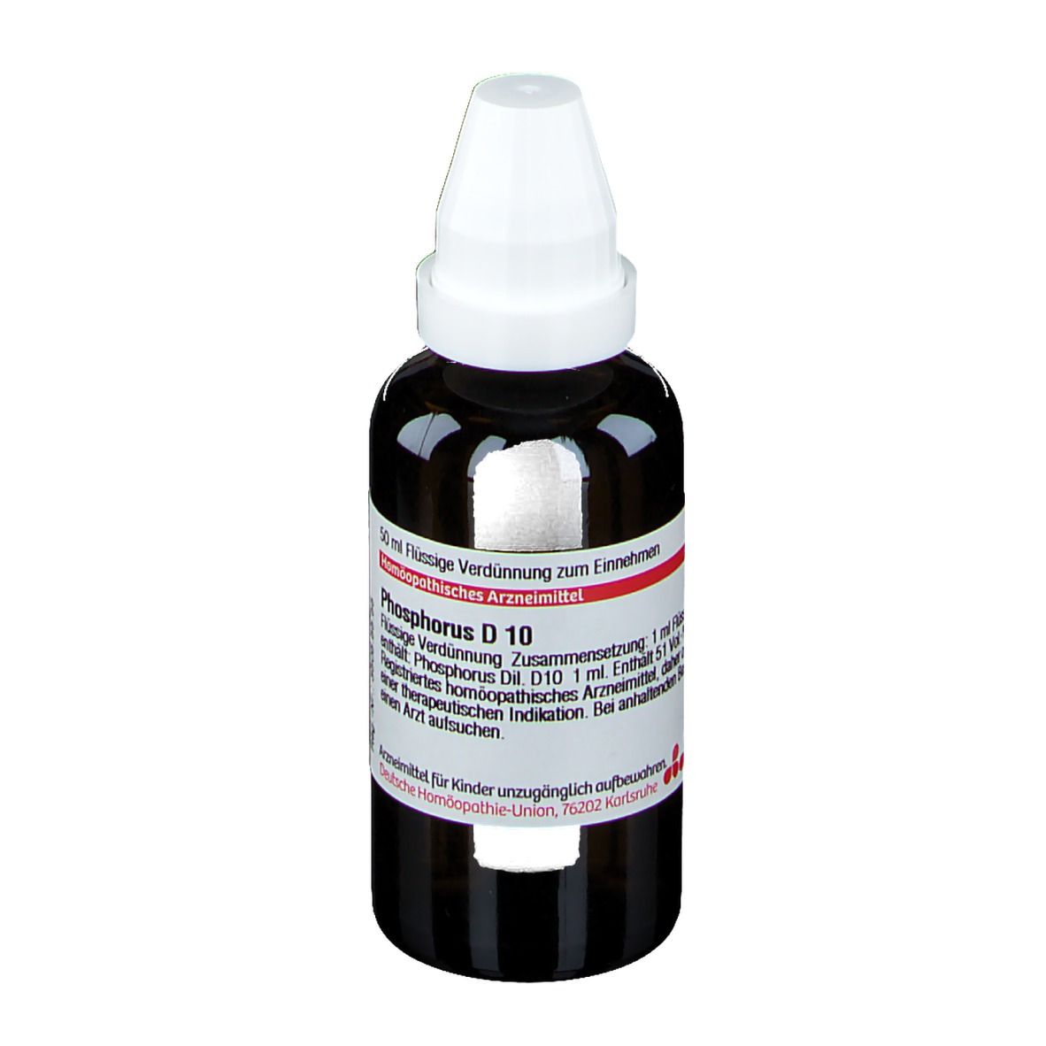 Braune Glasflasche mit weißem Verschluss. Beschriftung: Phosphorus D 10, DHU. Flüssige Verdünnung zum Einnehmen.
