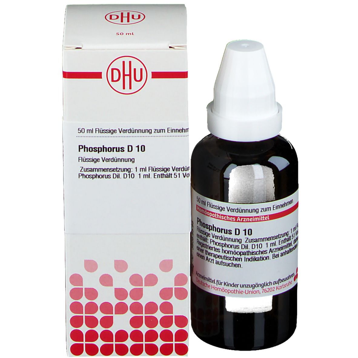 Produktflasche und Verpackung. Weiße Verpackung mit DHU-Logo und Produktinformationen. Flasche steht daneben.