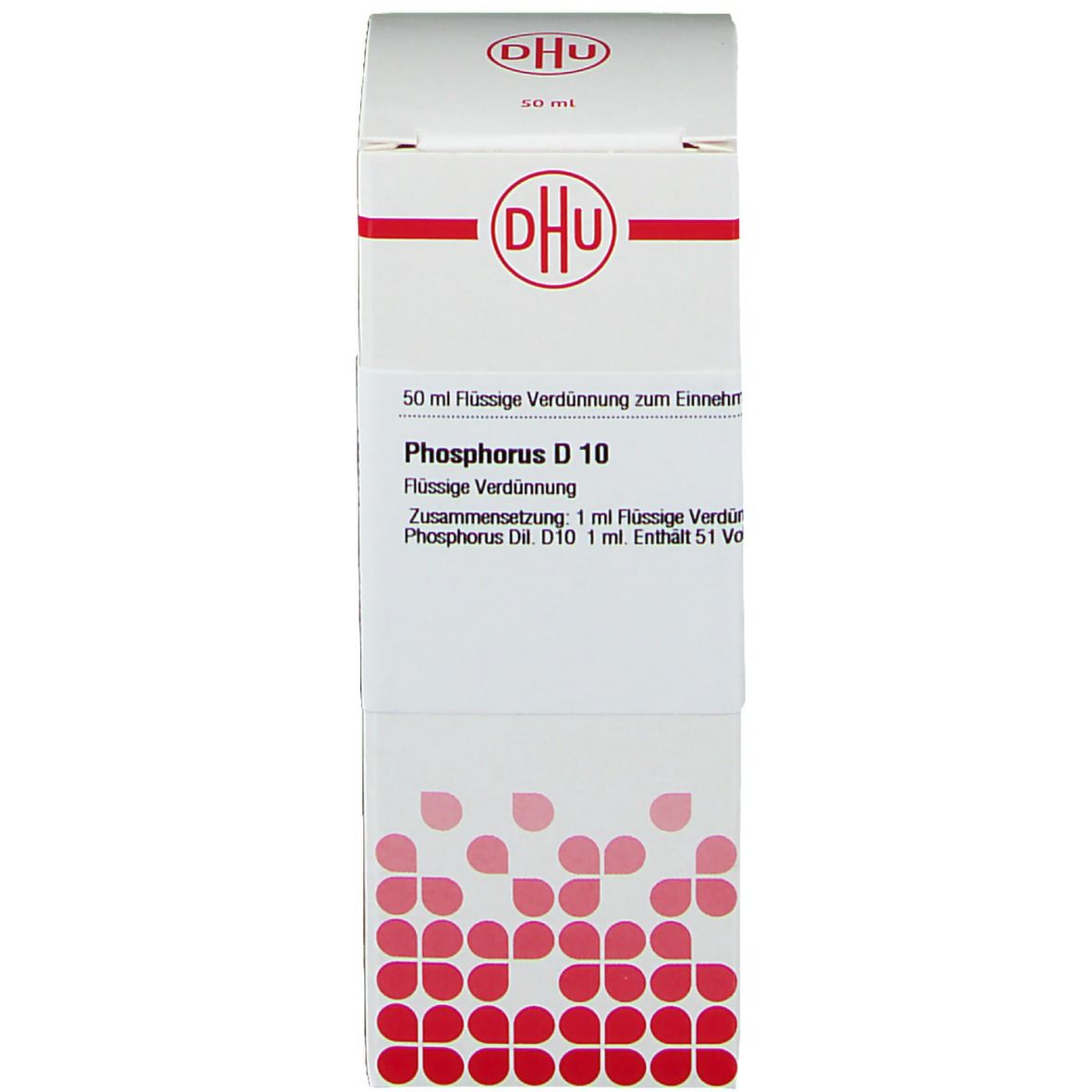 Weiße Verpackung mit DHU-Logo und Produktinformationen. Beschriftung: Phosphorus D 10. Flüssige Verdünnung.