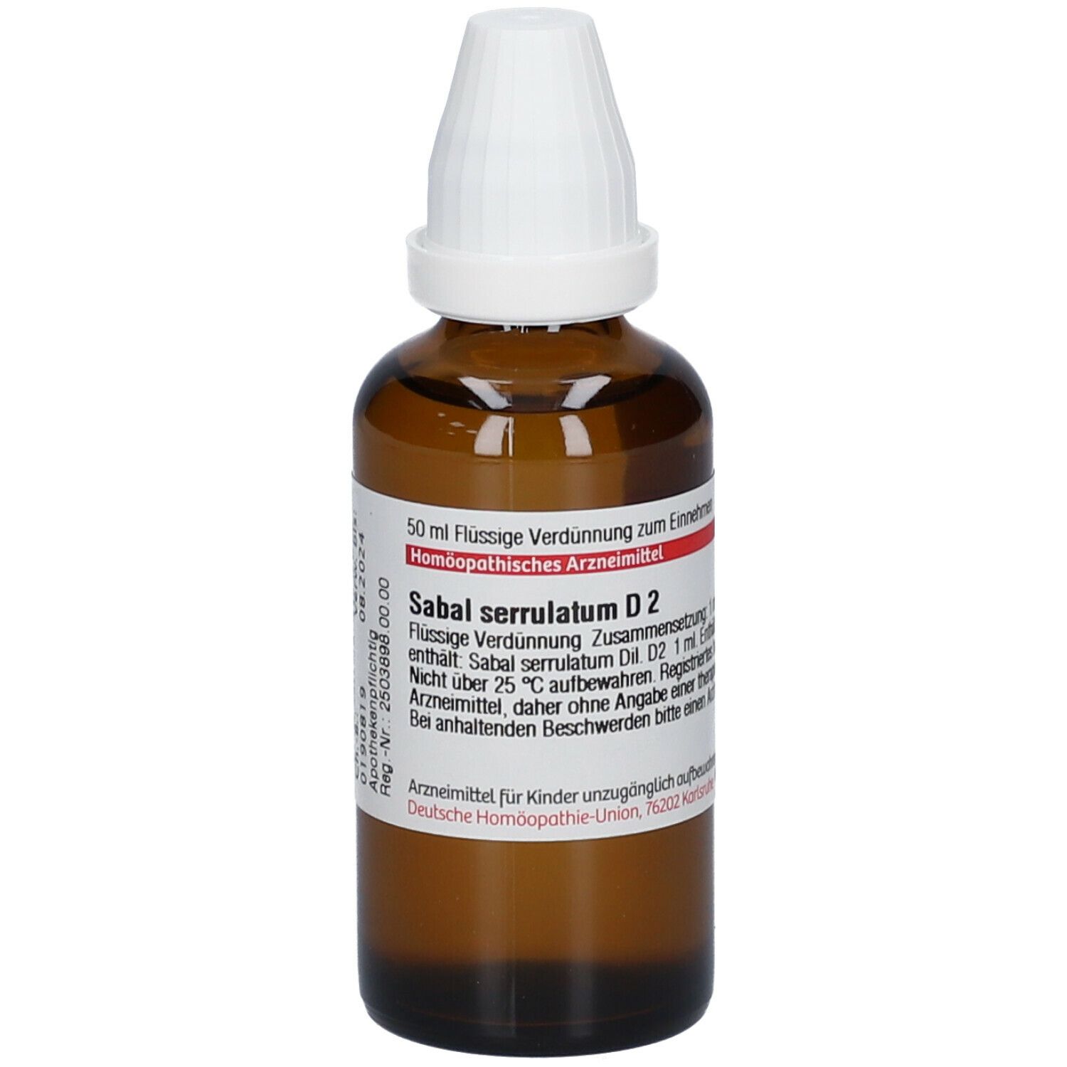Braune Glasflasche mit weißem Verschluss. Etikett mit Produktinformationen: Sabal serrulatum D2. Deutsche Homöopathie-Union.