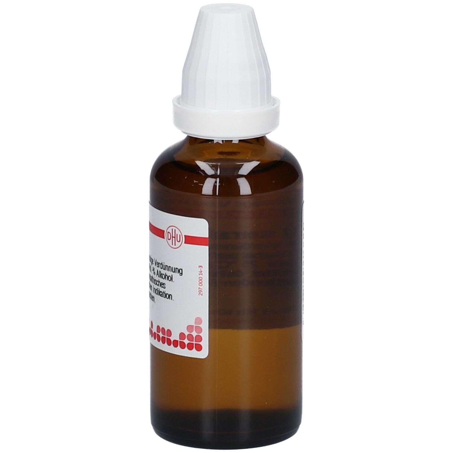 Braune Glasflasche mit weißem Verschluss. Etikett mit Produktinformationen und DHU-Logo. Sabal serrulatum D2.