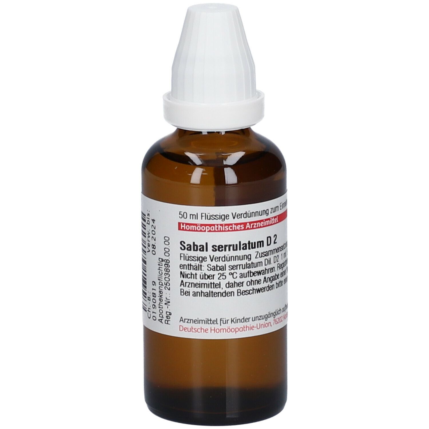 Braune Glasflasche mit weißem Verschluss. Etikett mit Produktinformationen. Sabal serrulatum D2. DHU-Logo.