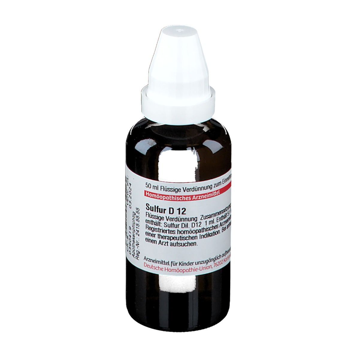 Braune Glasflasche mit weißem Verschluss. Etikett mit Produktinformationen: Sulfur D 12, 50 ml. Homöopathisches Arzneimittel.