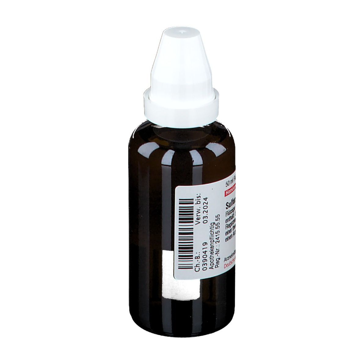 Braune Glasflasche mit weißem Verschluss. Etikett mit Produktinformationen und Verfallsdatum. Homöopathisches Arzneimittel.