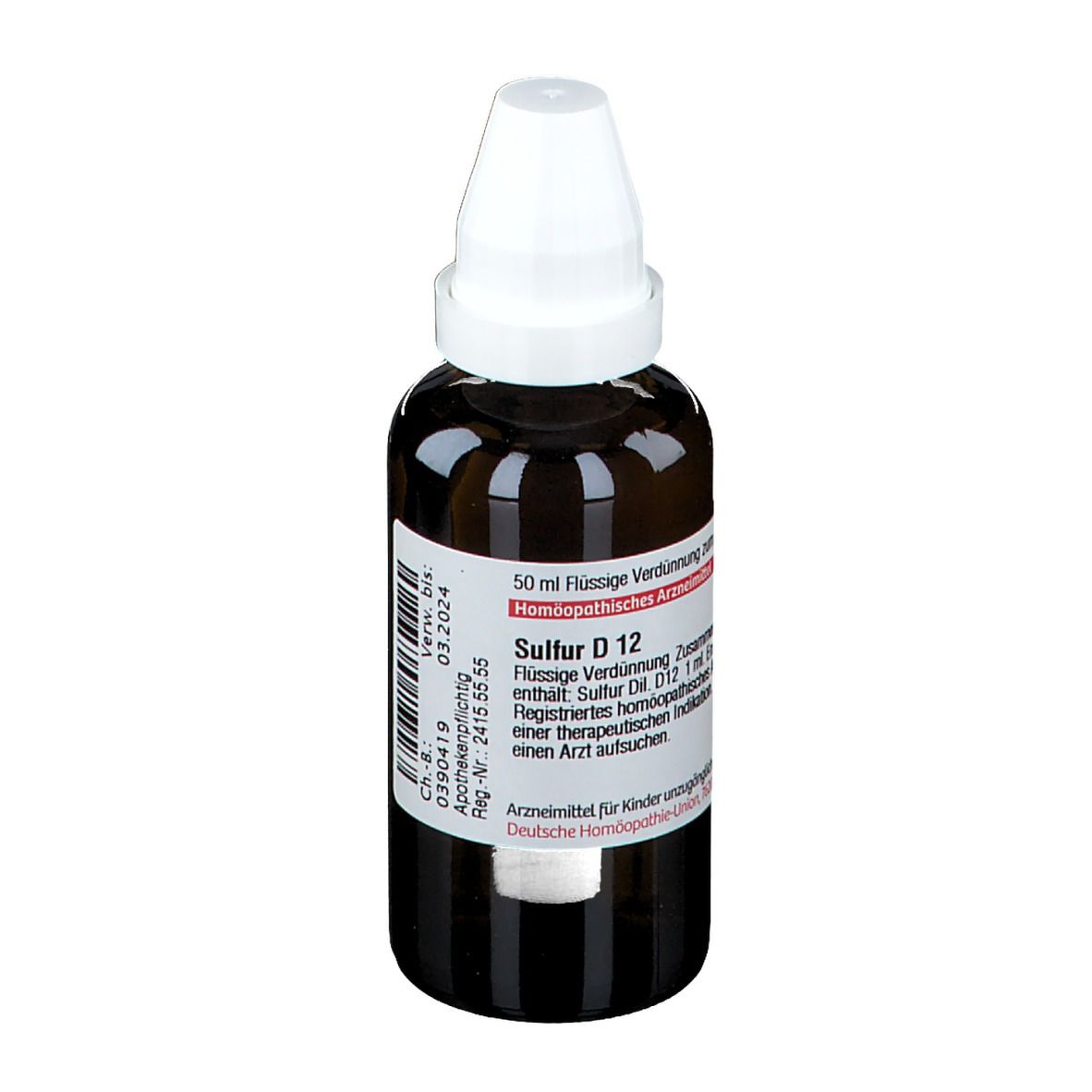 Braune Glasflasche mit weißem Verschluss. Etikett mit Produktinformationen und Verfallsdatum. Homöopathisches Arzneimittel.