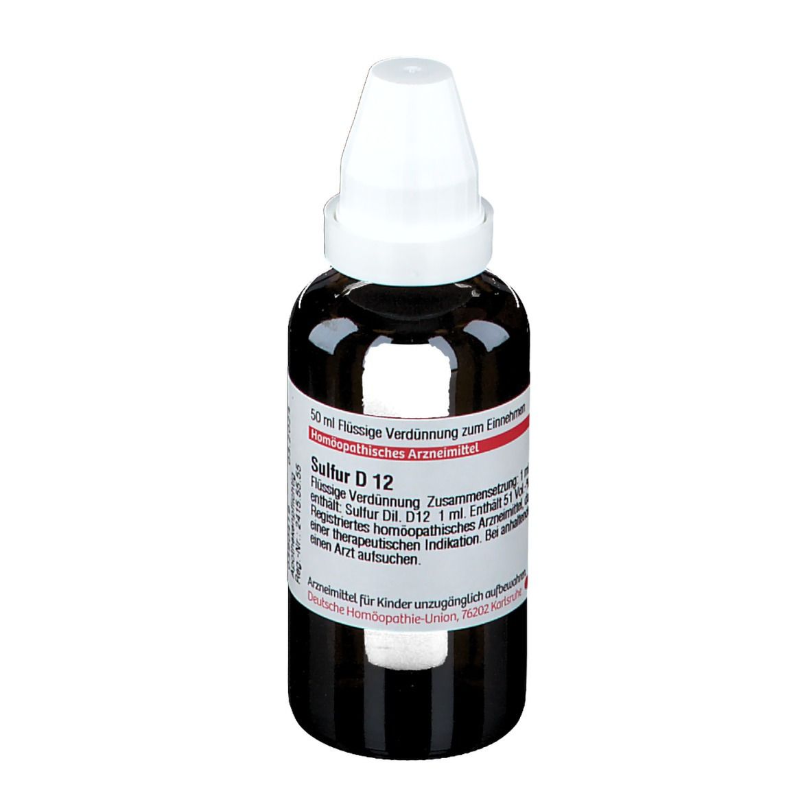 Braune Glasflasche mit weißem Verschluss. Etikett mit Produktinformationen. Homöopathisches Arzneimittel. Sulfur D 12.