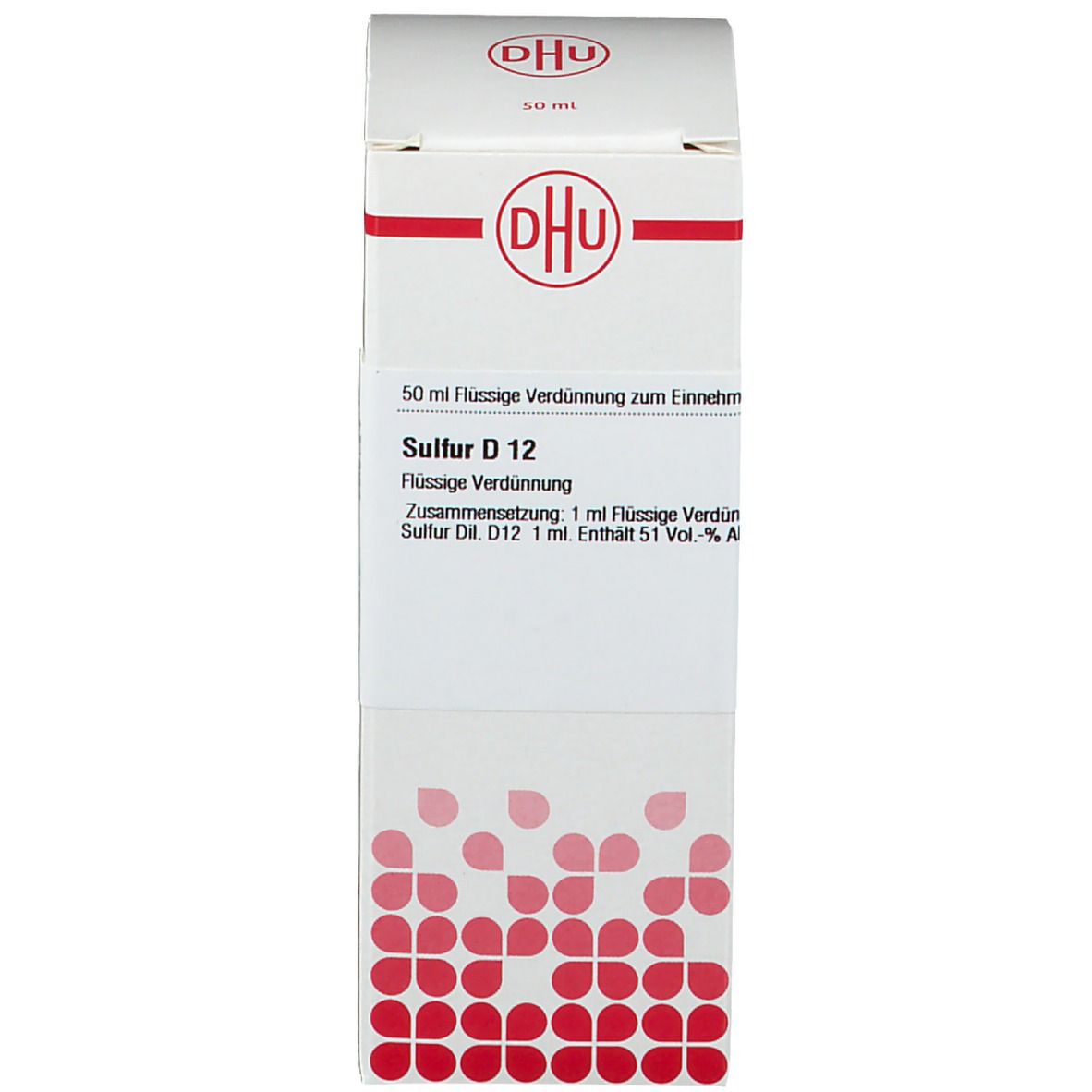 Weiße Schachtel mit DHU Logo und Produktinformationen: Sulfur D 12, 50 ml. Homöopathisches Arzneimittel.